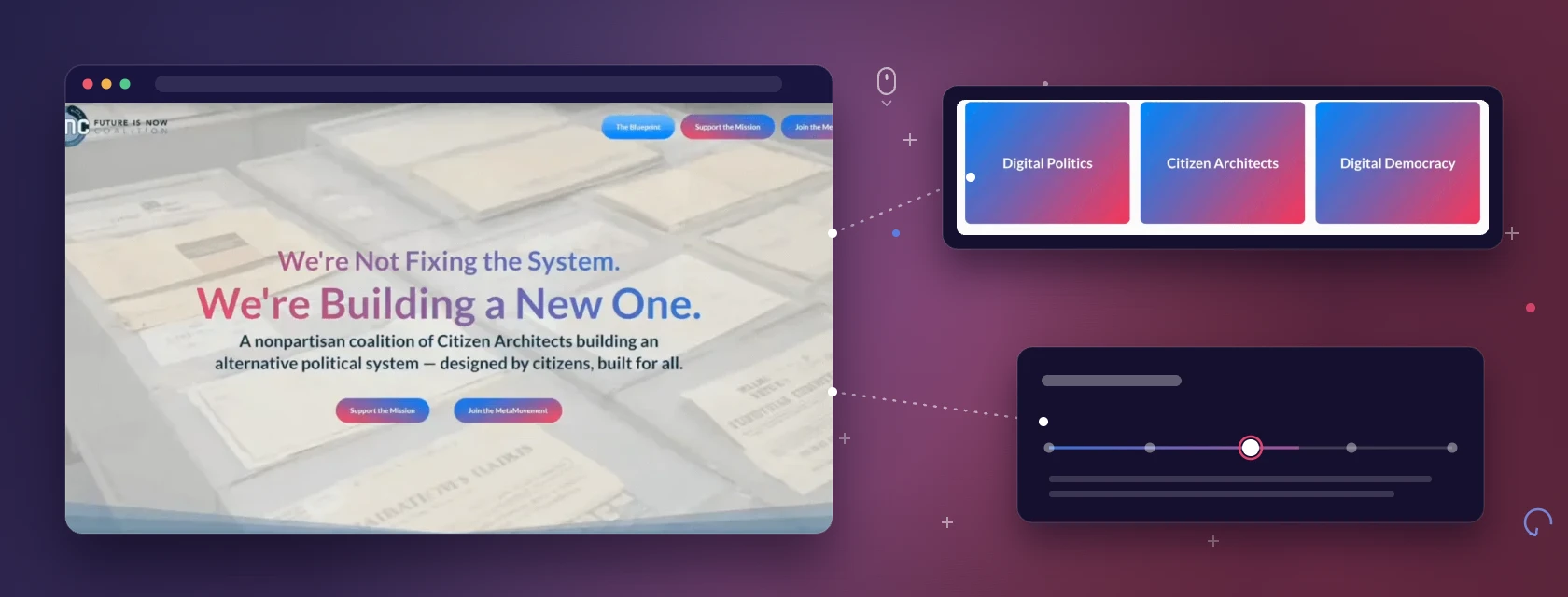 FiNC project hero: the redesigned “We’re Building a New One” homepage shown in a browser window, with the real flip-card section (Digital Politics, Citizen Architects, Digital Democracy) and an interactive-timeline motif floating on the coalition’s indigo-to-magenta brand gradient.