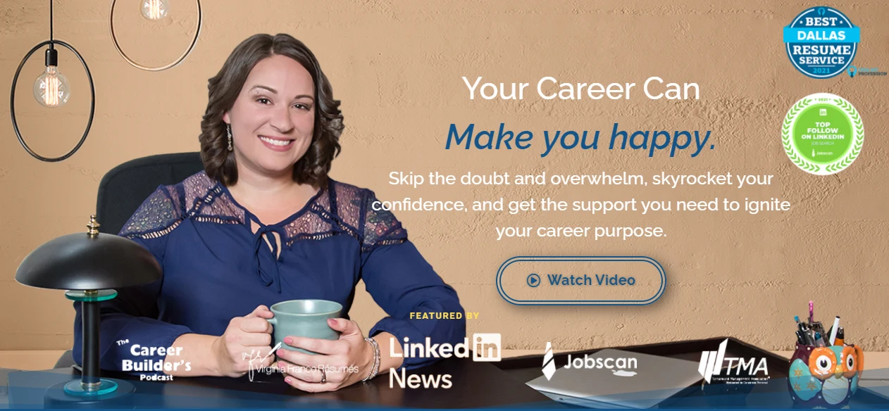 Resume Lezlie homepage: “Your Career Can Make You Happy,” with founder portrait, the Best Dallas Resume Service badge, and Featured-By logos (LinkedIn News, Jobscan, TMA).