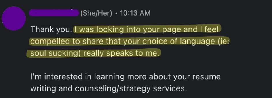 Customer response praising Resume Lezlie brand messaging
