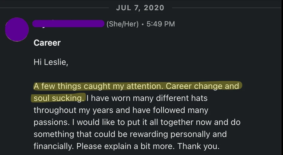 Customer response praising Resume Lezlie brand messaging