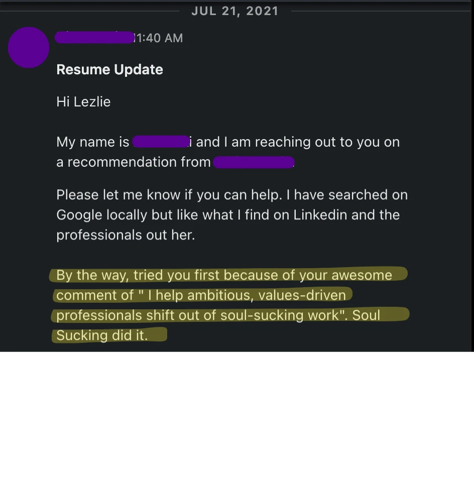 Customer response praising Resume Lezlie brand messaging