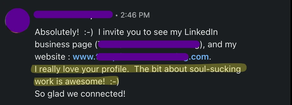 Customer response praising Resume Lezlie brand messaging