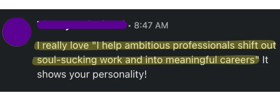 Customer response praising Resume Lezlie brand messaging