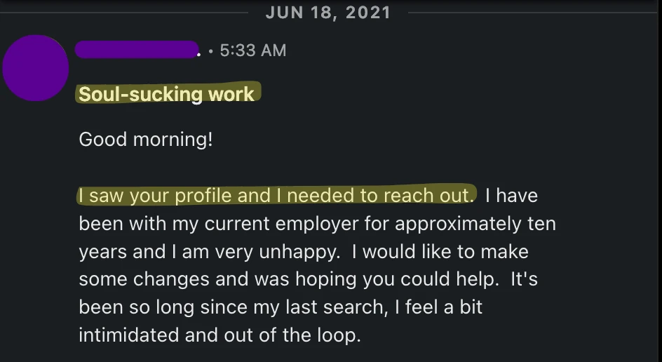 Customer response praising Resume Lezlie brand messaging