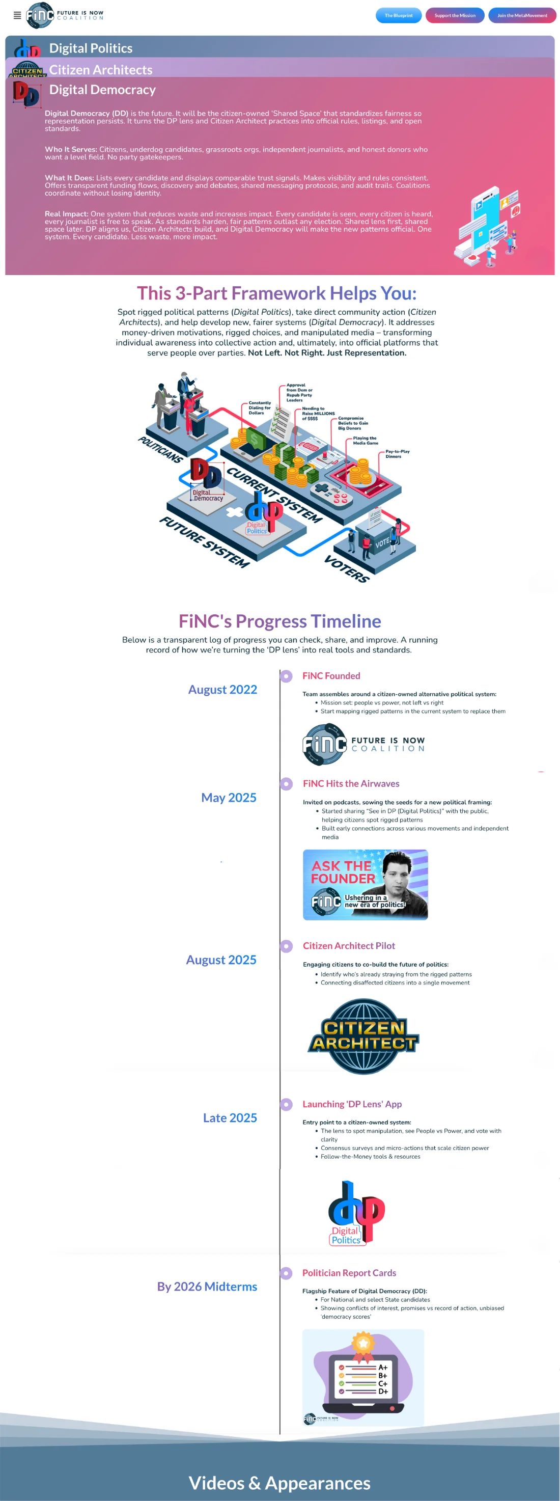 Redesigned Future is Now Coalition homepage, middle section: interactive, scroll-driven content with motion and flip cards.