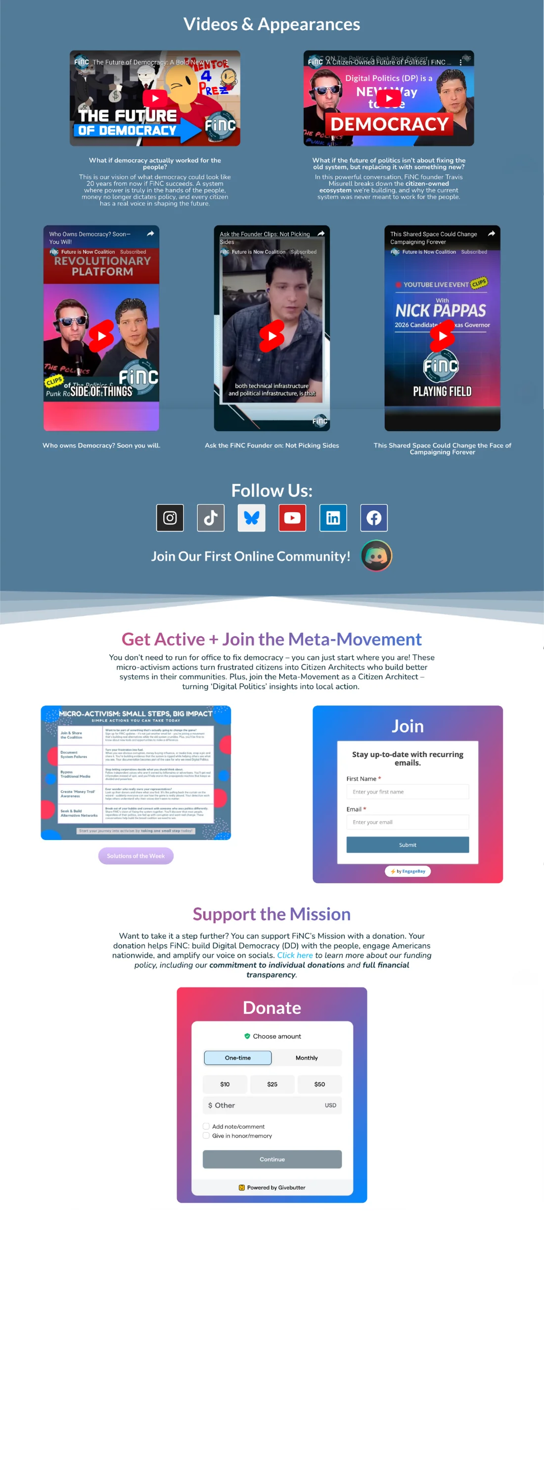 Redesigned Future is Now Coalition homepage, final section: interactive timeline, social proof, and calls to action.