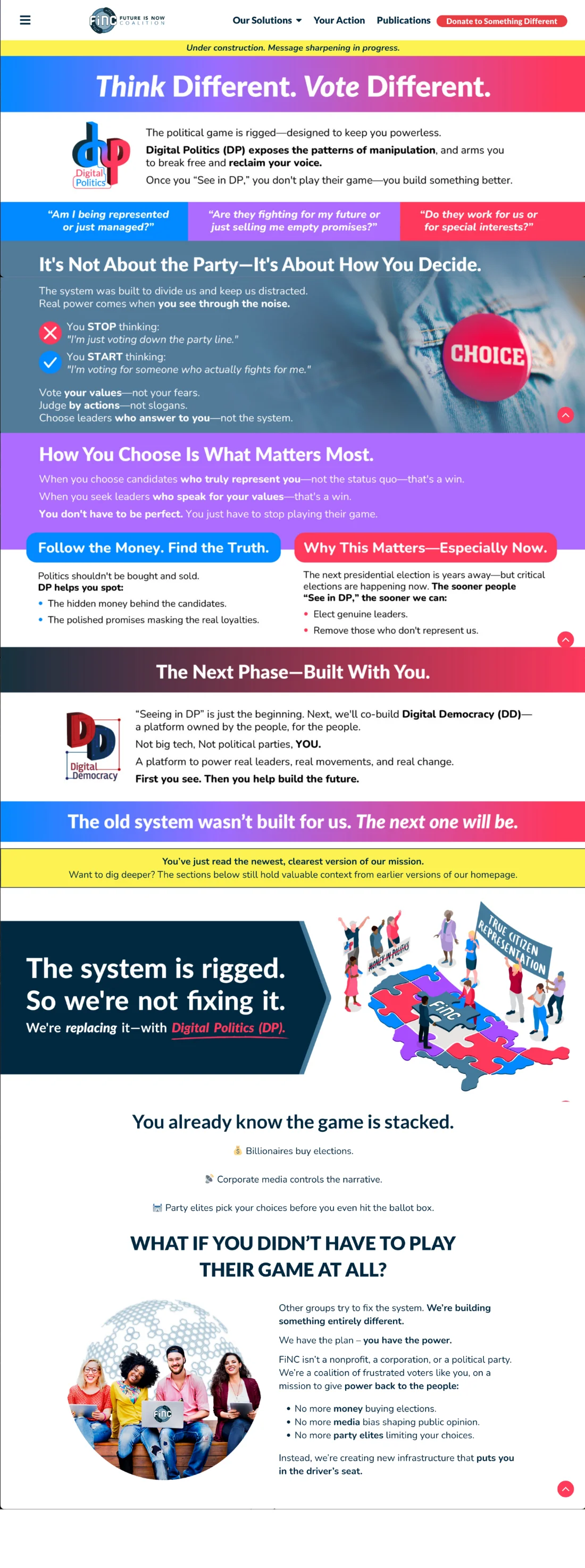 Original Future is Now Coalition homepage, top half: a long, copy-heavy single-column page with dense text bands.