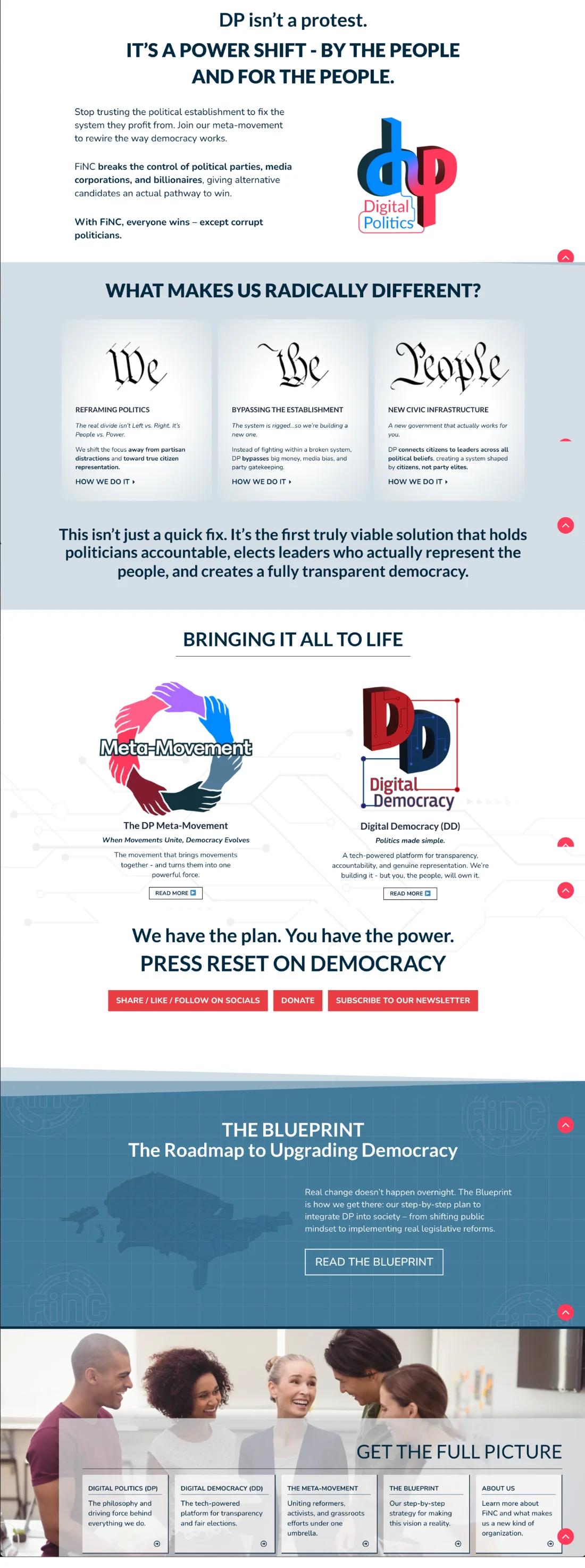 Original Future is Now Coalition homepage, bottom half: more dense text sections continuing down the page.
