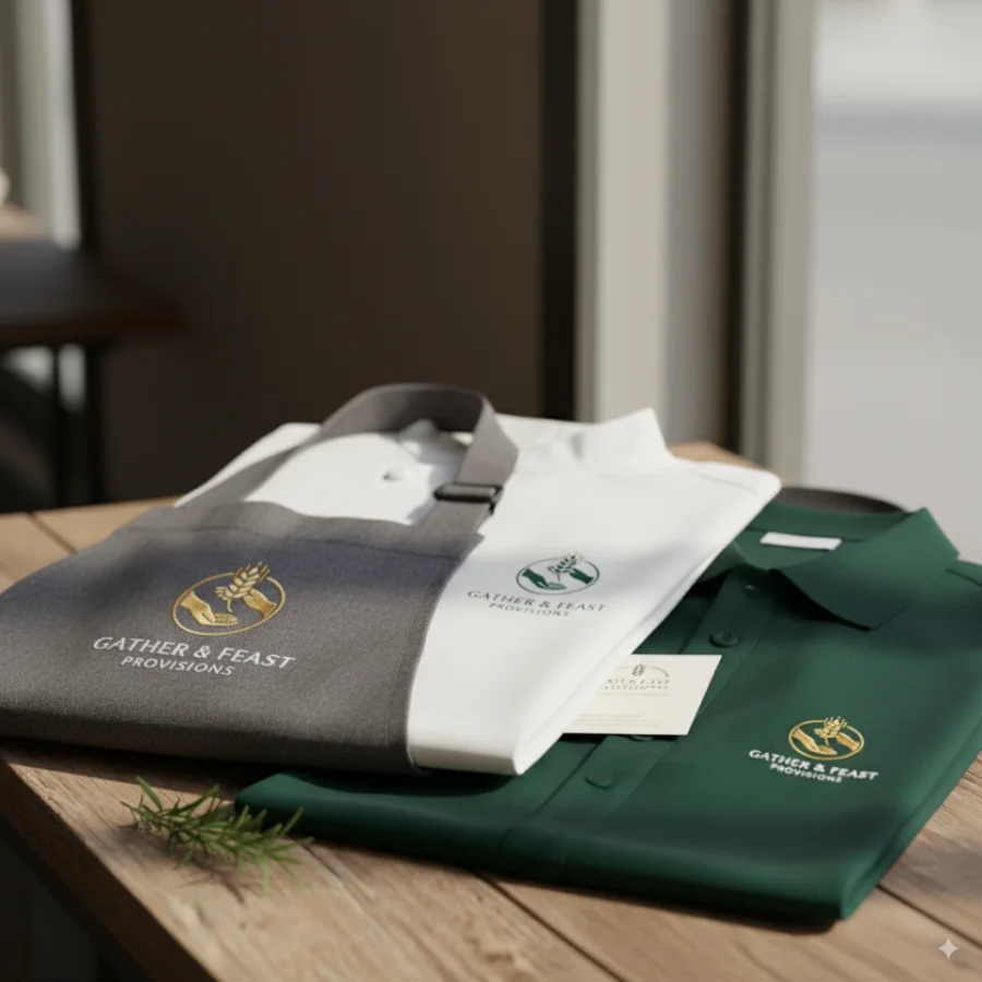 Folded charcoal, white and forest-green Gather and Feast Provisions polo shirts and an apron on a wooden table with a business card and a rosemary sprig.