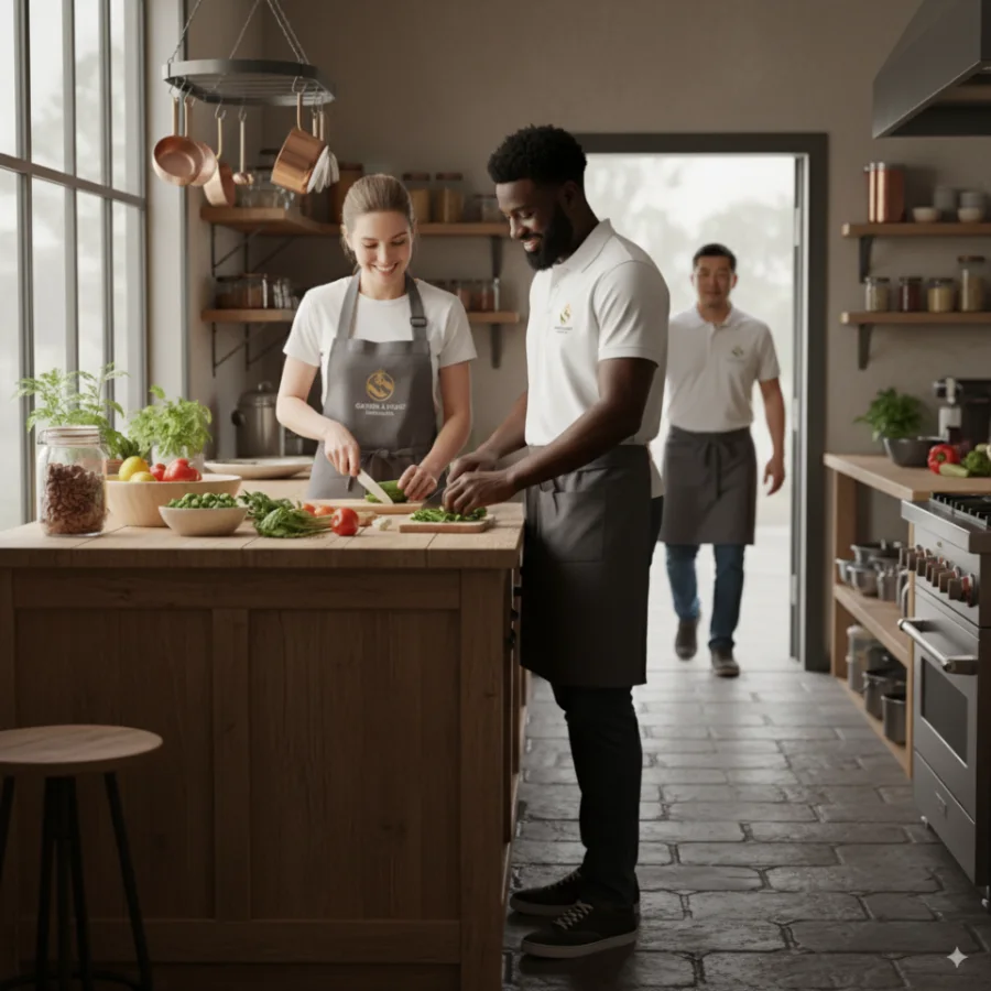 Three kitchen staff in branded Gather and Feast aprons and polos prepping vegetables at a wooden island in an open, daylit kitchen.