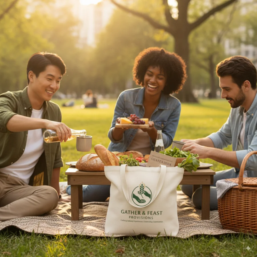 Three friends sharing a picnic on a low table in a sunlit park, the branded Gather and Feast tote propped in the foreground.