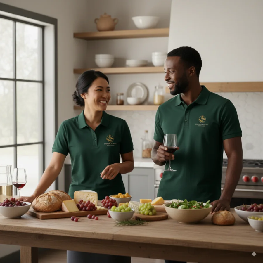 Two hosts in embroidered forest-green Gather and Feast polos standing behind a long table set with bread, cheese, grapes and wine.