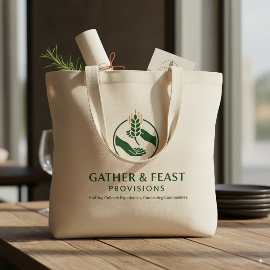 A cream canvas market tote on a wooden restaurant table printed with the Gather and Feast Provisions mark, wordmark and tagline, holding a rolled menu and a rosemary sprig.