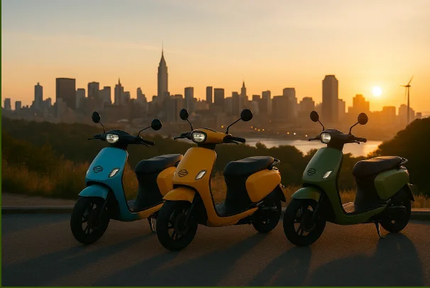 Three eGlide scooters in powder blue, marigold and sage parked in a row on a rise at sunset, with a city skyline and wind turbines behind them.