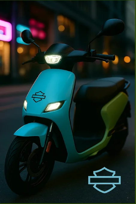 A powder-blue and sage eGlide scooter photographed three-quarter front on a neon-lit street at night, headlight lit, the blue shield mark on its flank.