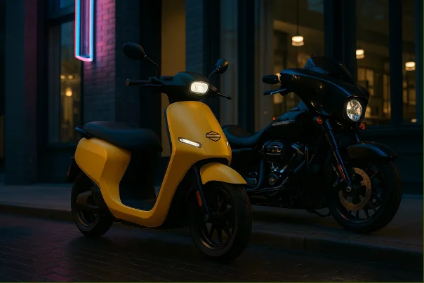 A marigold eGlide scooter parked at night beside a blacked-out classic Harley-Davidson cruiser on a city sidewalk.