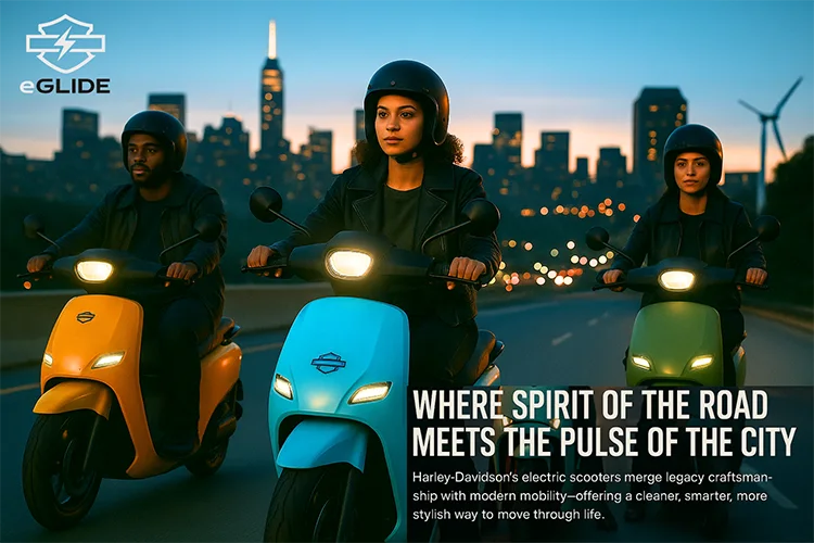 The eGlide hero image: three helmeted riders on orange, powder-blue and green scooters riding toward the camera at dusk with a city skyline and wind turbines behind them, headlined WHERE SPIRIT OF THE ROAD MEETS THE PULSE OF THE CITY.