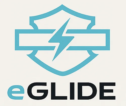 The eGlide primary lockup: an outlined bar-and-shield in powder blue whose crossbar is cut by a lightning bolt, above the wordmark eGLIDE with a blue lowercase e.