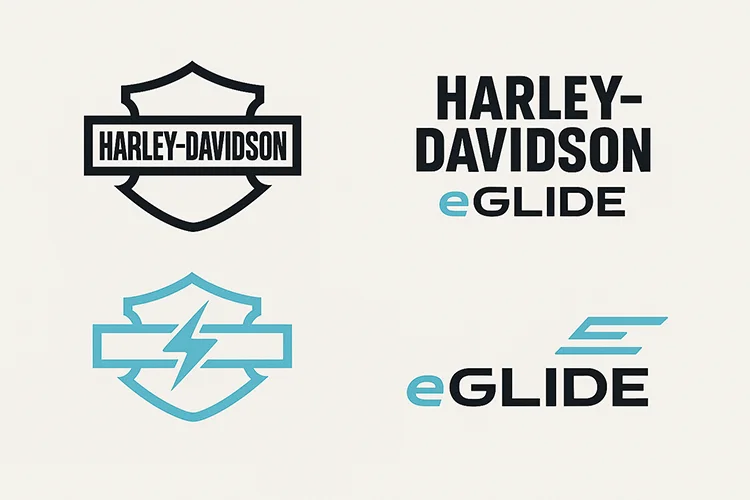 Four logo options on an off-white sheet: the original outlined Harley-Davidson bar-and-shield, a stacked HARLEY-DAVIDSON eGlide lockup, the blue lightning-bolt shield, and the eGLIDE wordmark.