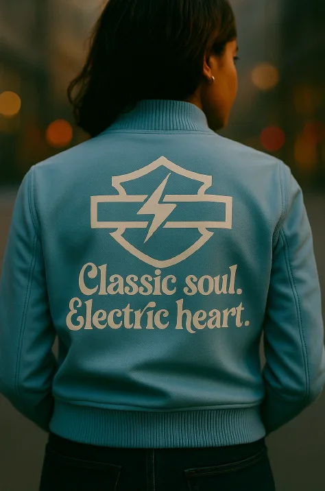 The back of a powder-blue bomber jacket printed with the eGlide bar-and-shield mark above the words Classic soul. Electric heart.