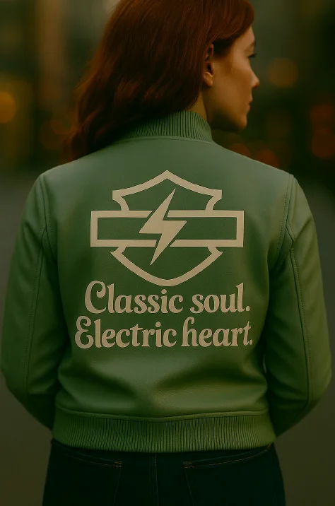 The back of a sage-green bomber jacket printed with the eGlide bar-and-shield mark above the words Classic soul. Electric heart.