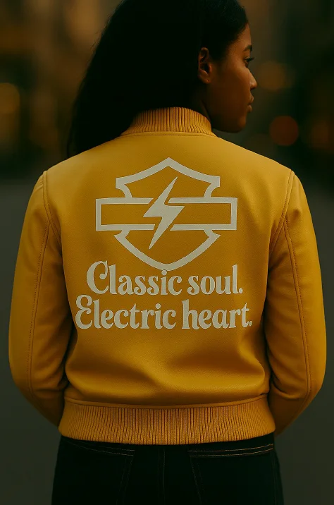 The back of a marigold bomber jacket printed with the eGlide bar-and-shield mark above the words Classic soul. Electric heart.