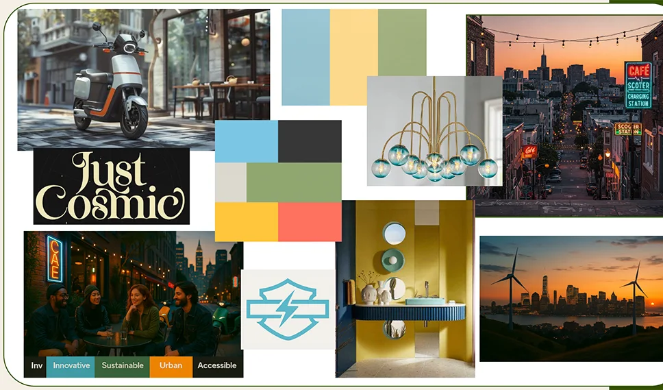 The eGlide mood board: a powder-blue scooter outside a café, a retro display typeface specimen, night-street and wind-turbine photography, an interior in teal and mustard, two colour-swatch blocks, the blue lightning-bolt shield, and tabs reading Innovative, Sustainable, Urban and Accessible.