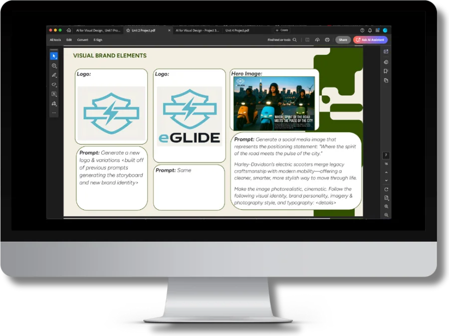 An iMac showing the project worksheet page titled Visual Brand Elements: two eGlide logo cells, the hero image of three riders, and the verbatim prompts used to generate each one.