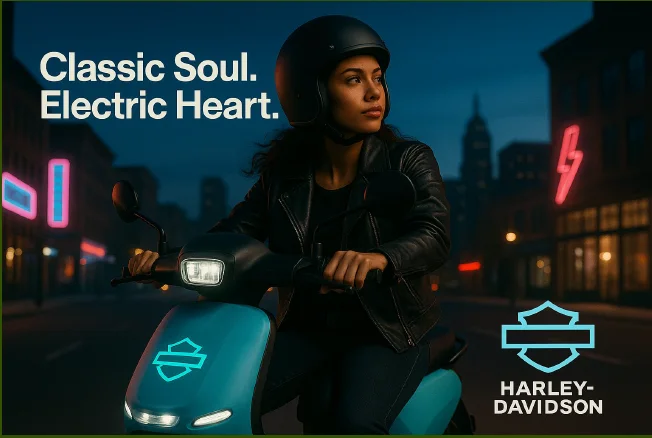 Social post: a rider in a leather jacket on a powder-blue eGlide scooter on a neon-lit city street at night, headlined Classic Soul. Electric Heart., with the eGlide shield and the HARLEY-DAVIDSON wordmark.