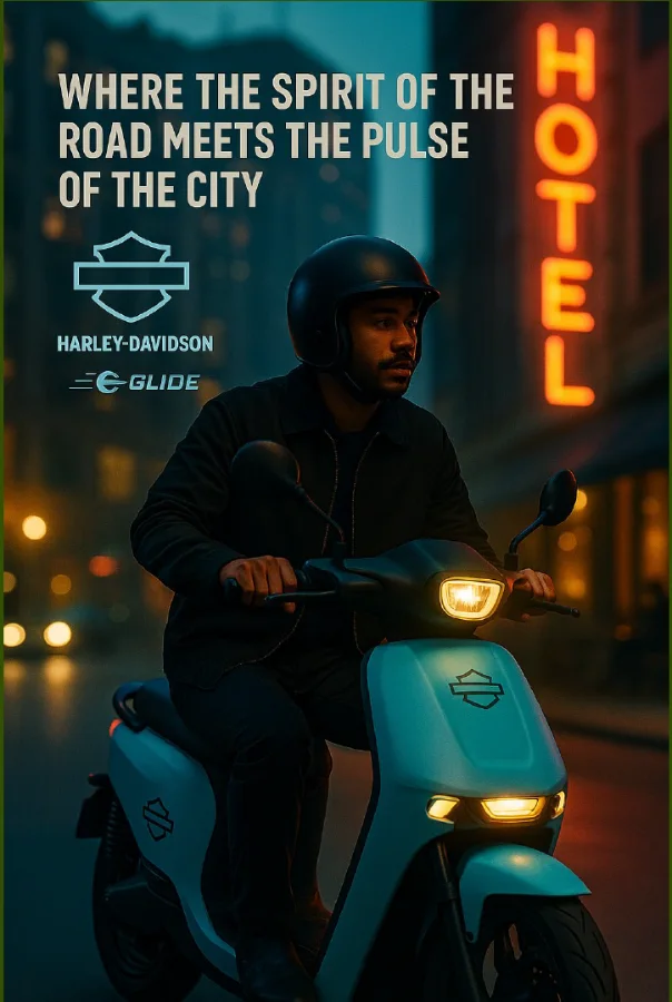 Vertical social post: a rider on a powder-blue eGlide scooter passing a neon HOTEL sign at night, headlined WHERE THE SPIRIT OF THE ROAD MEETS THE PULSE OF THE CITY above the HARLEY-DAVIDSON eGlide lockup.