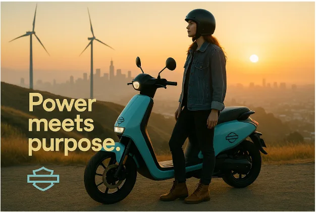 Social post: a woman standing beside a powder-blue eGlide scooter on a hillside at sunrise with wind turbines and a city skyline behind her, headlined Power meets purpose.