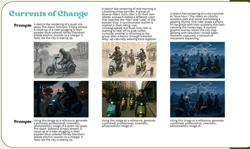 The Currents of Change storyboard: three columns, each with a written prompt, a pencil-sketch frame above and the matching photorealistic render below, showing a rider charging at dawn, a group riding through a city corridor, and riders overlooking a city at dusk with a route map overlaid.
