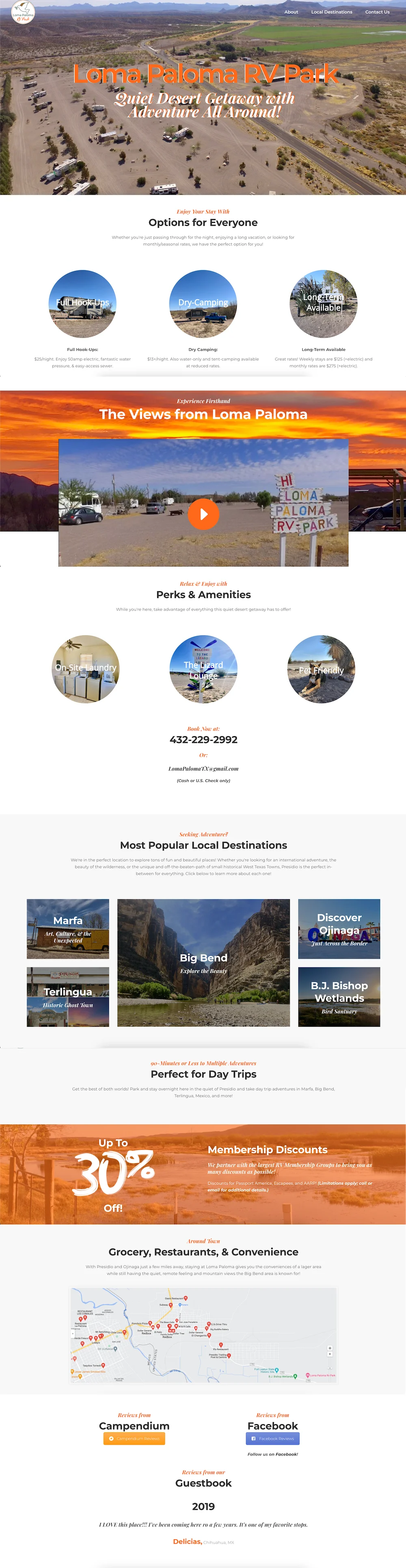 The full Loma Paloma RV Park homepage from top to bottom: aerial hero, three stay options, a pop-up video band over a sunset photograph, perks and amenities, booking details, a local destinations grid, a membership discounts banner, a map of nearby conveniences, and guest reviews.