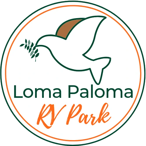 The Loma Paloma RV Park logo: a dove carrying an olive branch inside a double ring, with the park name below it, in dark green, brown and orange.