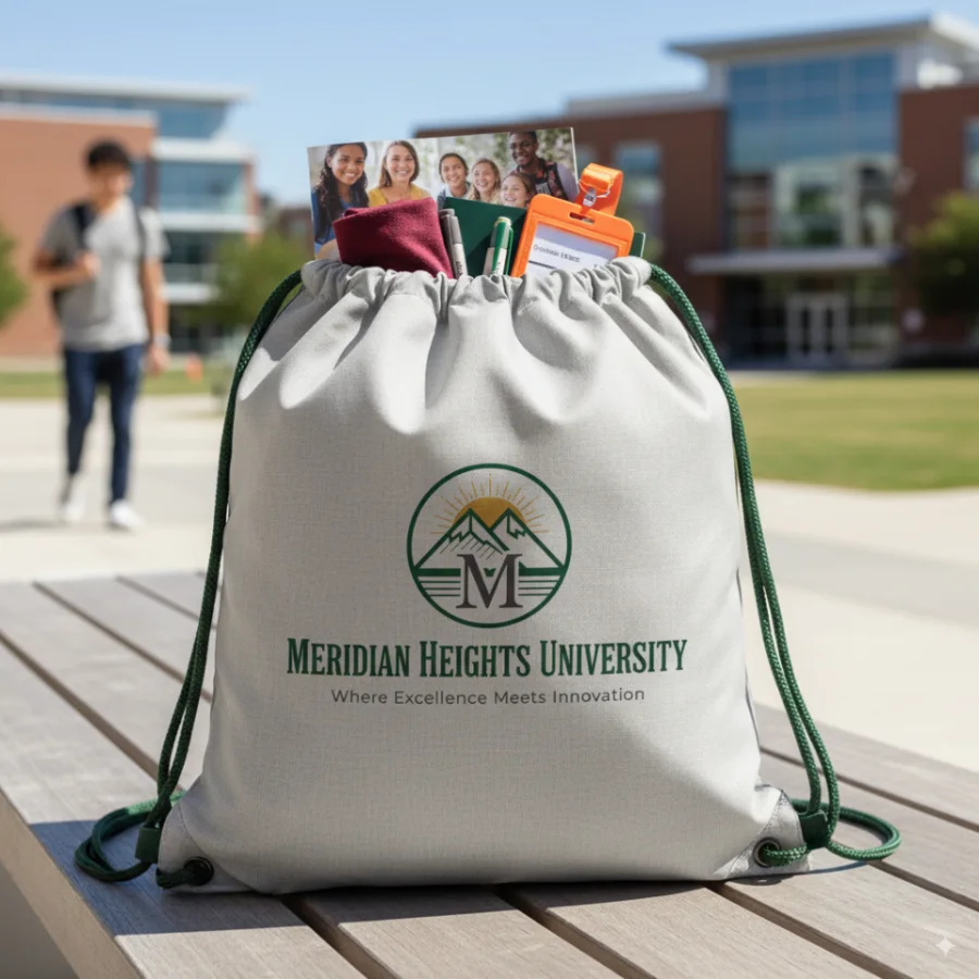 A grey canvas drawstring bag with green cords on a picnic table, printed with the Meridian Heights University mountain seal, wordmark and tagline, packed with school supplies.
