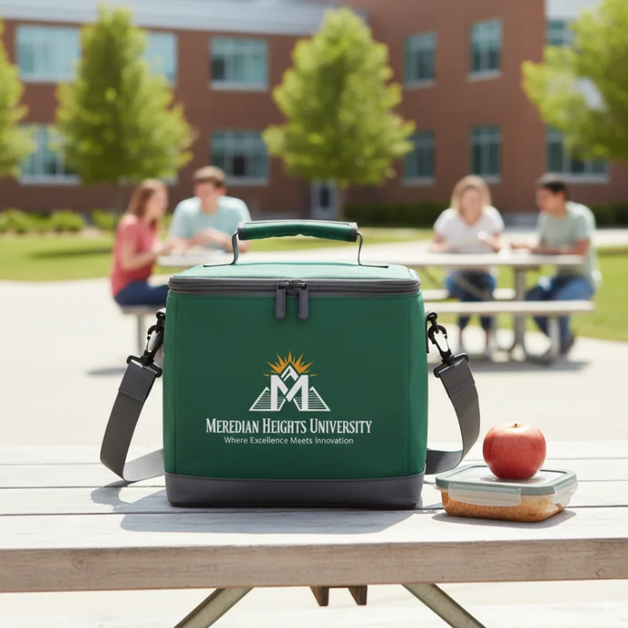 A dark green insulated cooler bag on a picnic table with the Meridian Heights University seal and wordmark on the front panel, an apple and a lunch container beside it.