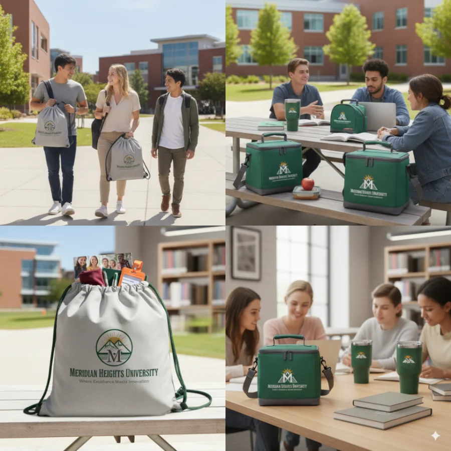 Four Meridian Heights University merchandise renders in a grid: three students carrying branded drawstring bags across campus, a picnic table with branded coolers and tumblers, a close-up of the drawstring bag, and a study table set with branded tumblers.
