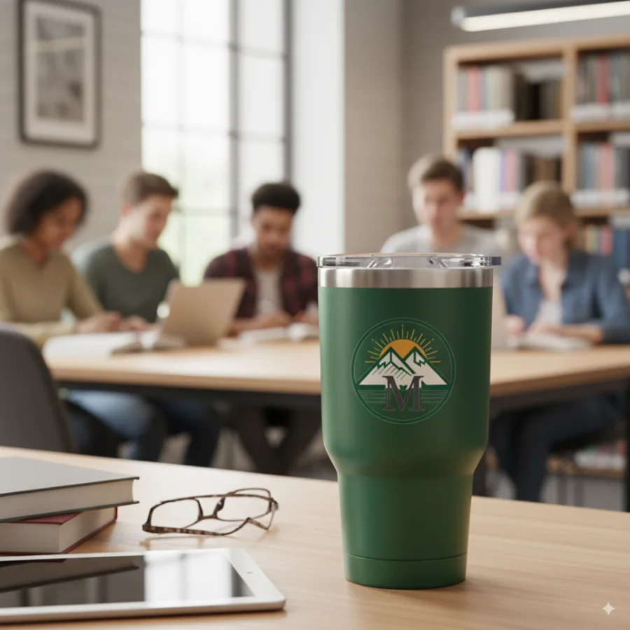 A dark green stainless travel tumbler on a library table carrying the circular Meridian Heights University seal, with students studying in the background.