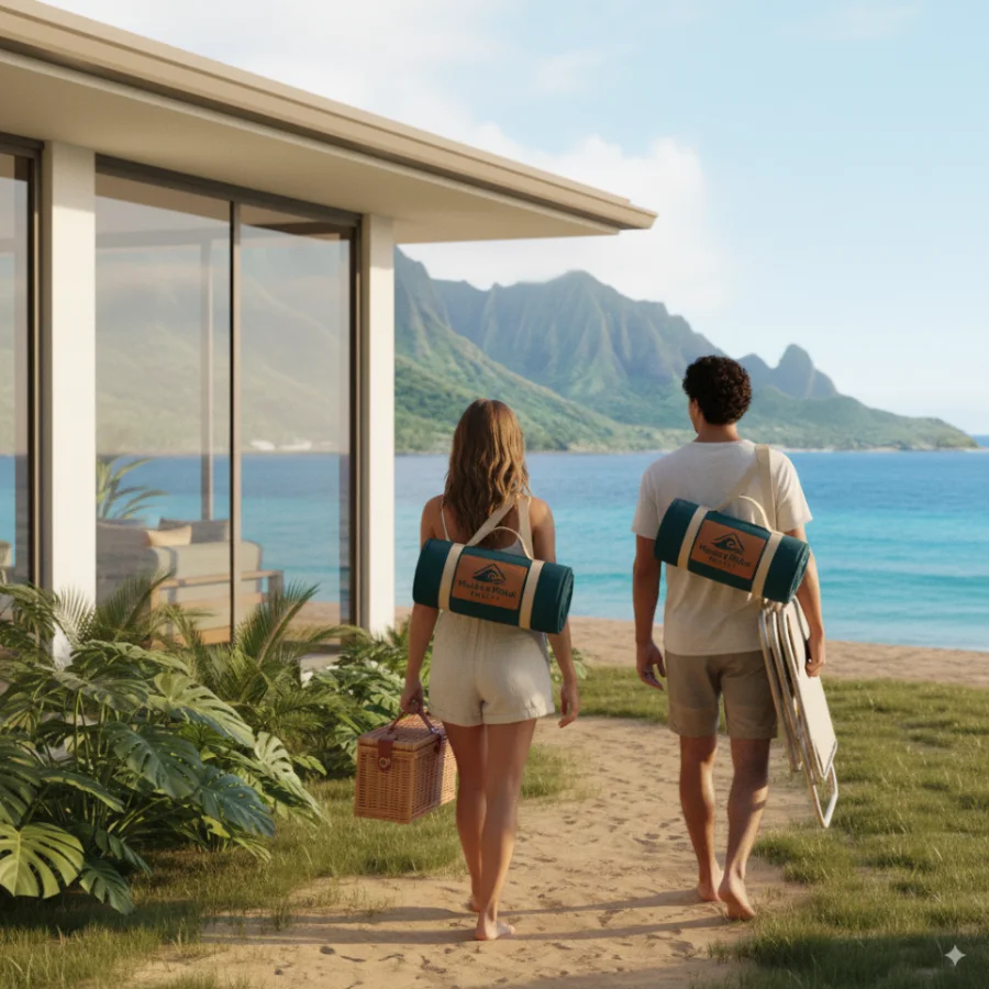 A couple walking from a modern oceanfront house toward the water, each carrying a rolled branded Mauka and Makai beach blanket.