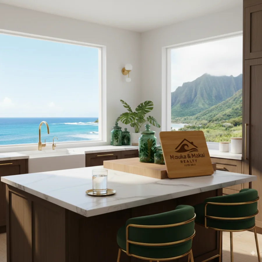 A bright island kitchen with ocean and mountain views through the windows, the branded bamboo board propped on the island as a closing gift.
