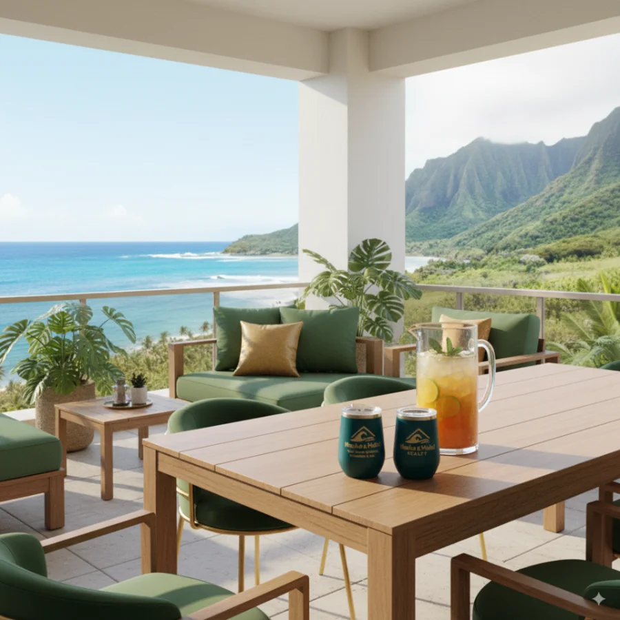 A covered lanai overlooking a reef and green ridgeline, with the branded teal tumblers and a pitcher of iced tea on the table.