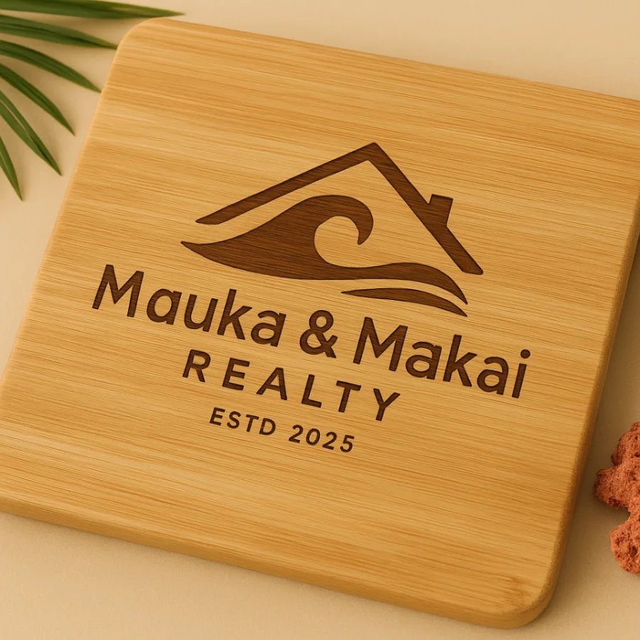 A bamboo cutting board engraved with the Mauka and Makai Realty logo, a house roofline that doubles as a mountain above a wave, with the wordmark and Established 2025 beneath it.