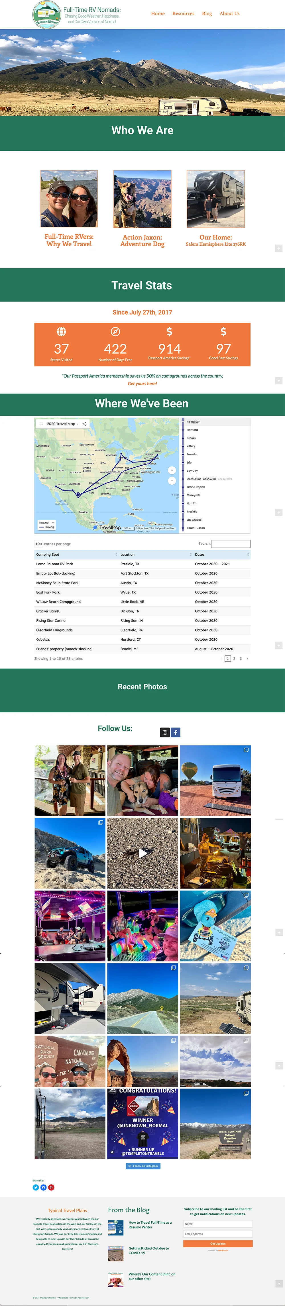 The full Unknown Normal homepage from top to bottom: logo and nav, a hero photograph of a fifth-wheel below a mountain range, a Who We Are section with three intro cards, an animated travel-stats counter, an interactive travel map with a camping-spot table, an Instagram photo wall, and a footer with travel plans, blog posts and a mailing-list sign-up.