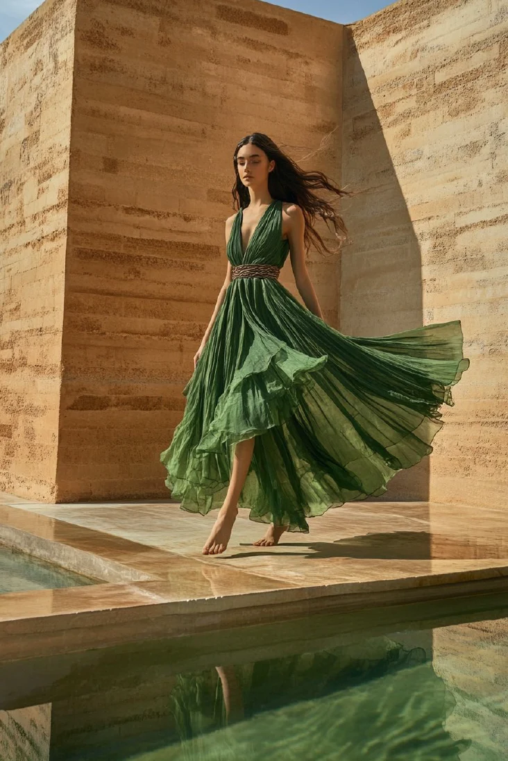 AI-generated fashion image: a model in a layered green chiffon gown moving barefoot along the edge of a still reflecting pool, against rammed-earth walls in hard afternoon sunlight.
