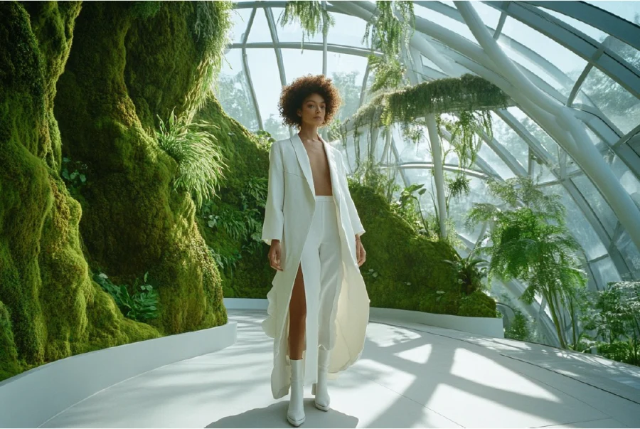 AI-generated fashion image: a model in a floor-length ivory duster coat, trousers and white boots on a curved white platform inside a glass conservatory with moss-covered walls and hanging ferns.