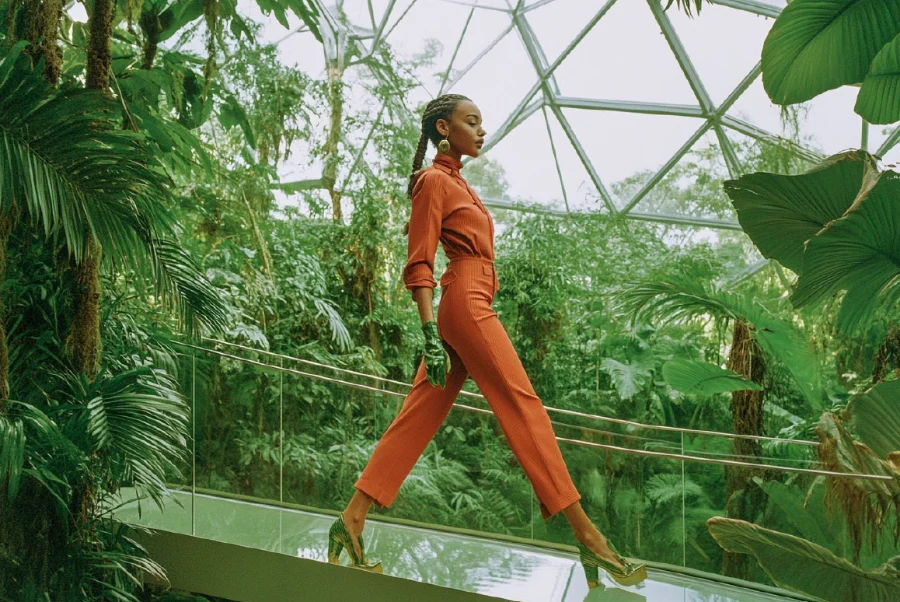 AI-generated fashion image: a model in a terracotta ribbed jumpsuit and green platform heels striding along a mirrored walkway inside a geodesic glasshouse dense with tropical planting.