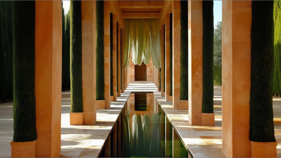 AI-generated set concept: a long terracotta colonnade lined with tall clipped hedges, a narrow reflecting pool running down its centre and pale green drapes hanging at the far end.