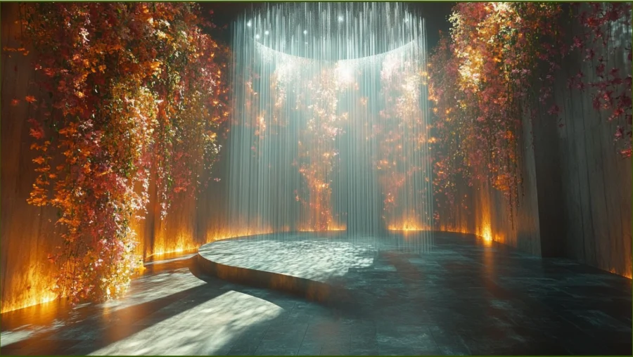 AI-generated set concept: a curved dark stage behind a full-height water curtain, flanked by walls of cascading orange and red blossom lit from below.