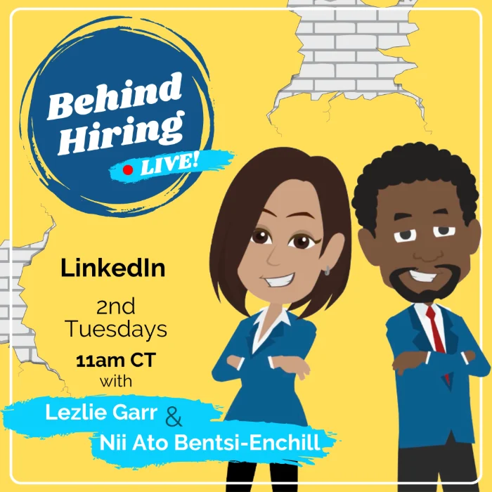 The same Behind Hiring LIVE promo graphic with the two hosts drawn as illustrated characters in place of the photographs.