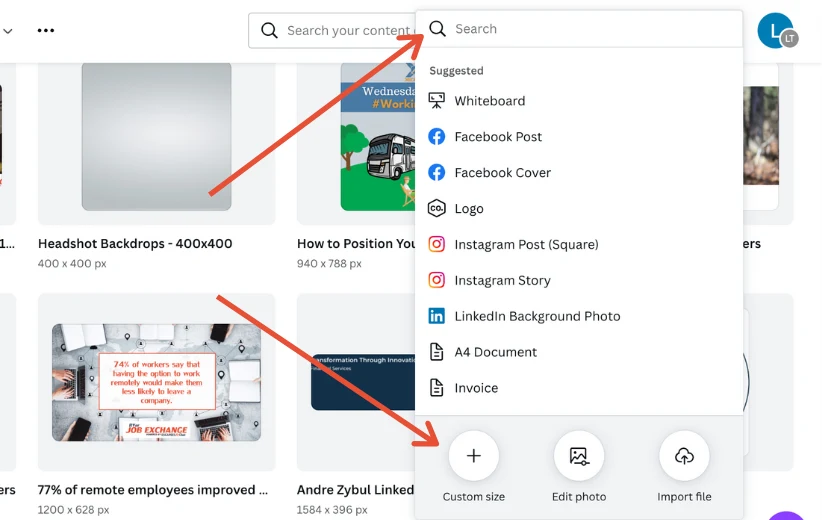 Annotated Canva screenshot: the search panel open over a project list, with red arrows pointing to the Search field and to the Custom size button.